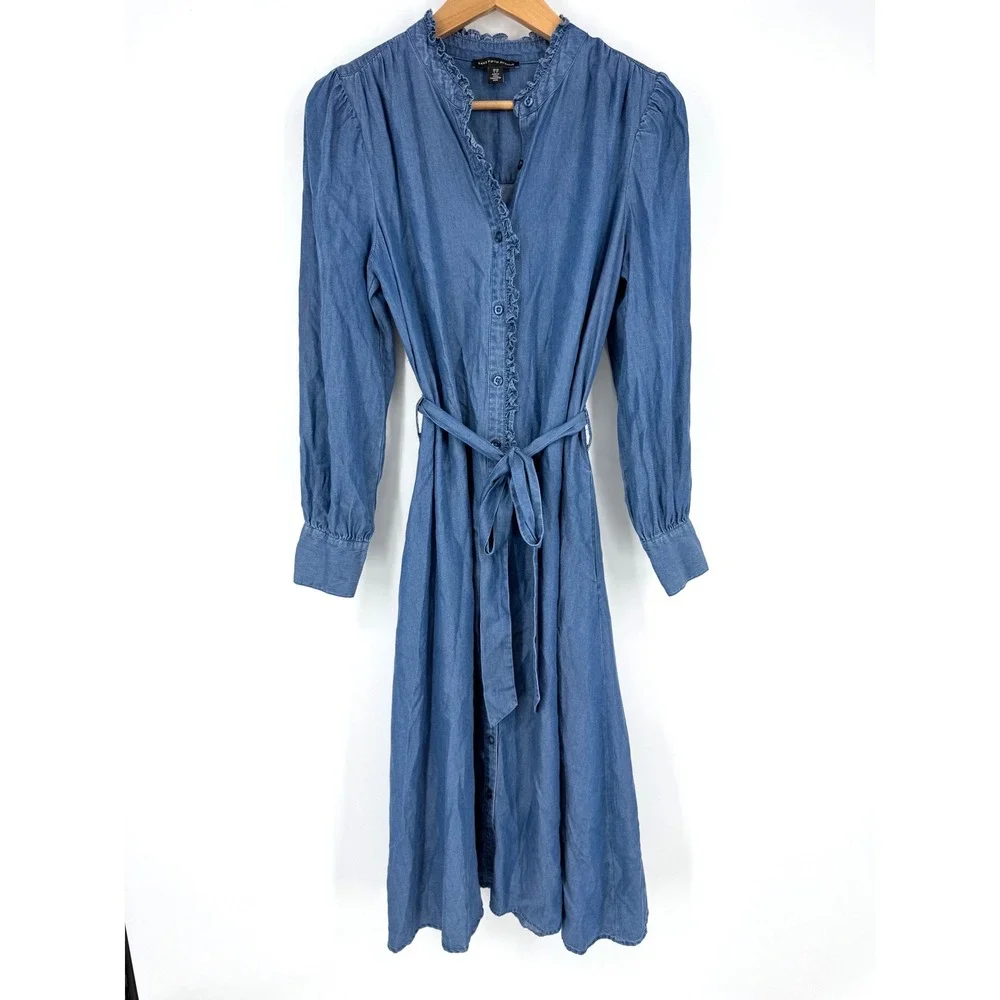 Saks Fifth Avenue Women S Dress Denim‎ Ruffle Belted Button Up Country Cowgirl